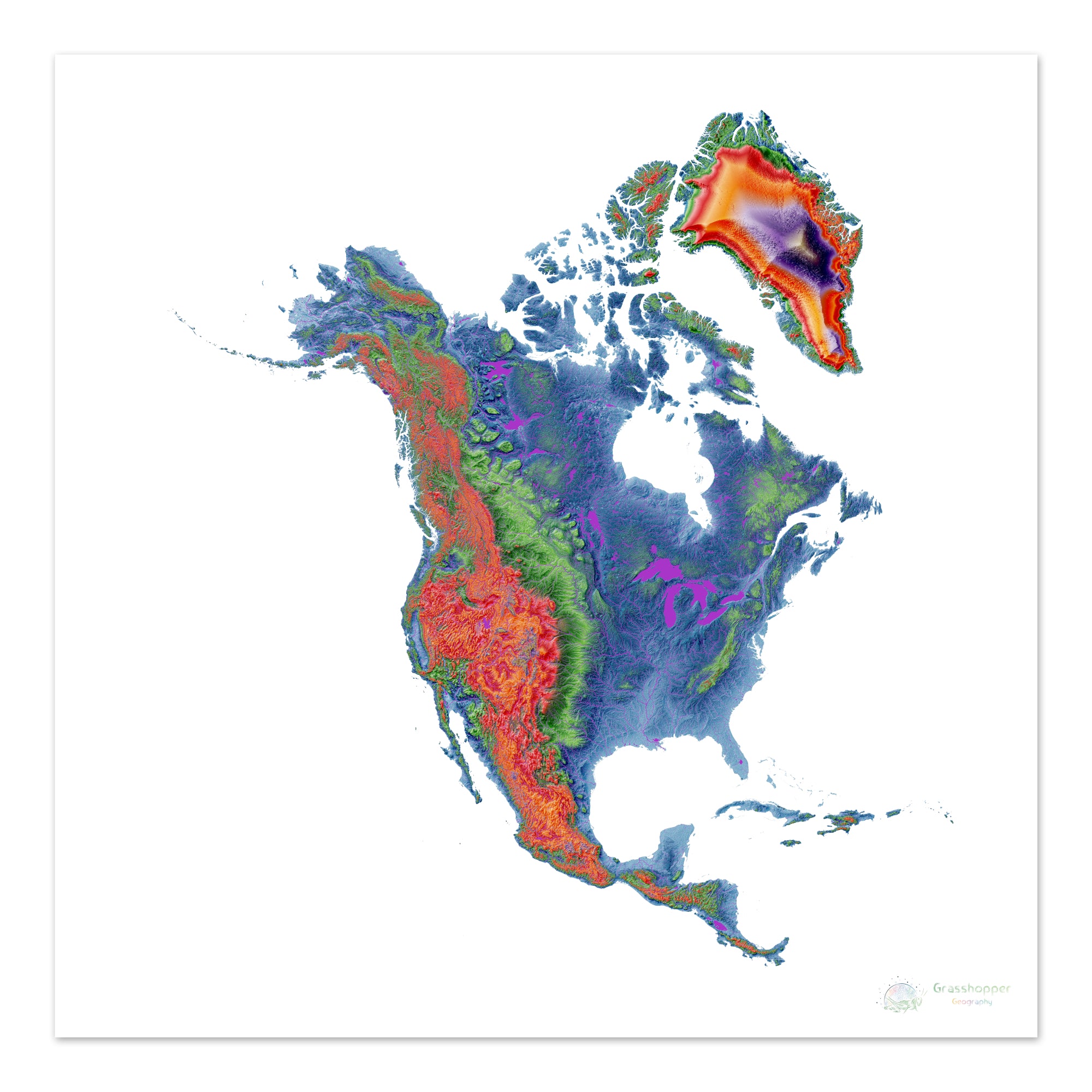 North America - Elevation map, white - Fine Art Print – Grasshopper