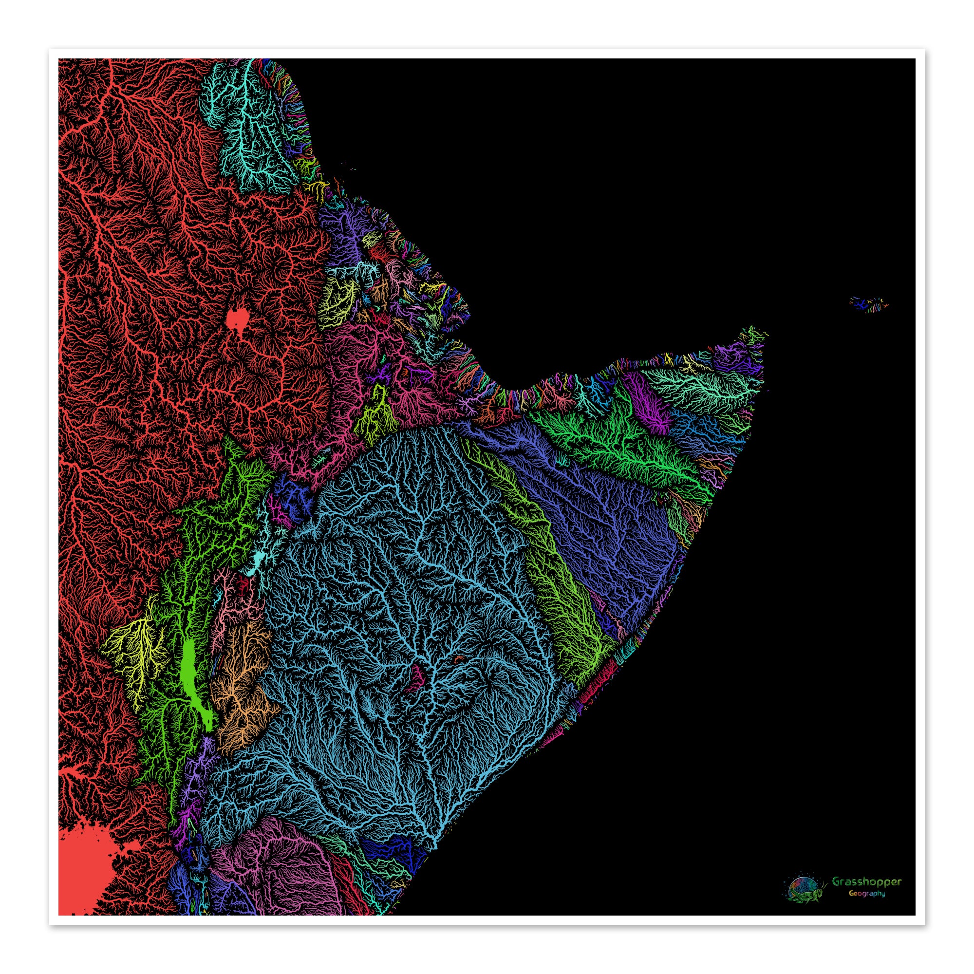 River basin map of the Horn of Africa, rainbow colours on black - Fine