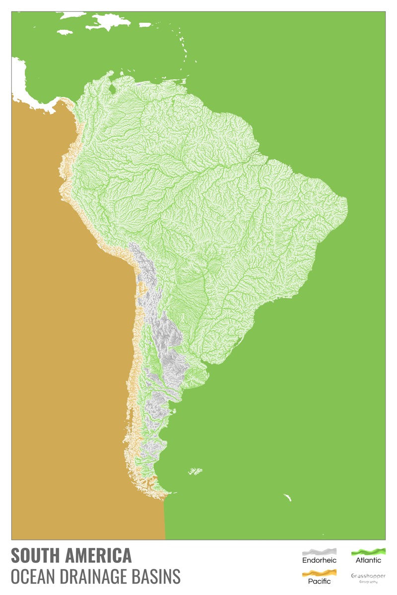 Ocean drainage basin map of South America - white with polygons and le ...