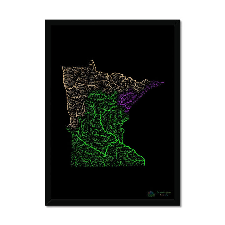 River basin map of Minnesota with black background Framed Print