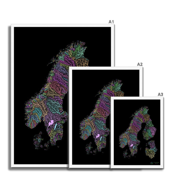 斯堪的纳维亚河流流域地图黑色粉彩画框印刷品