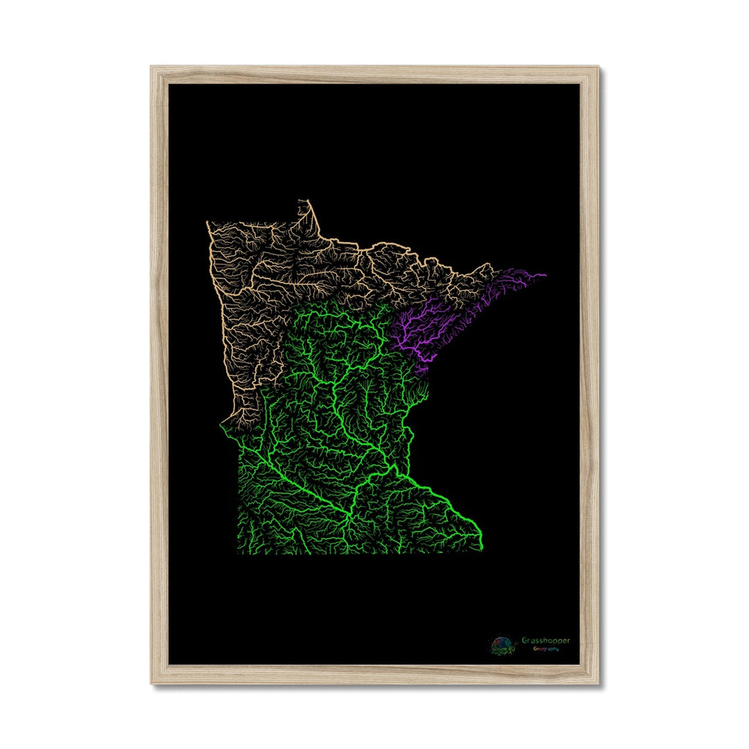 River basin map of Minnesota with black background Framed Print