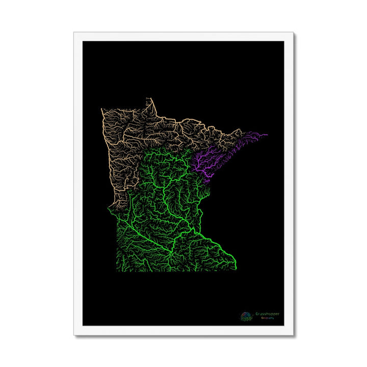 River basin map of Minnesota with black background Framed Print