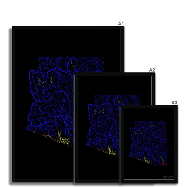 River basin map of Arizona with black background Framed Print