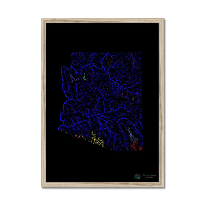 River basin map of Arizona with black background Framed Print