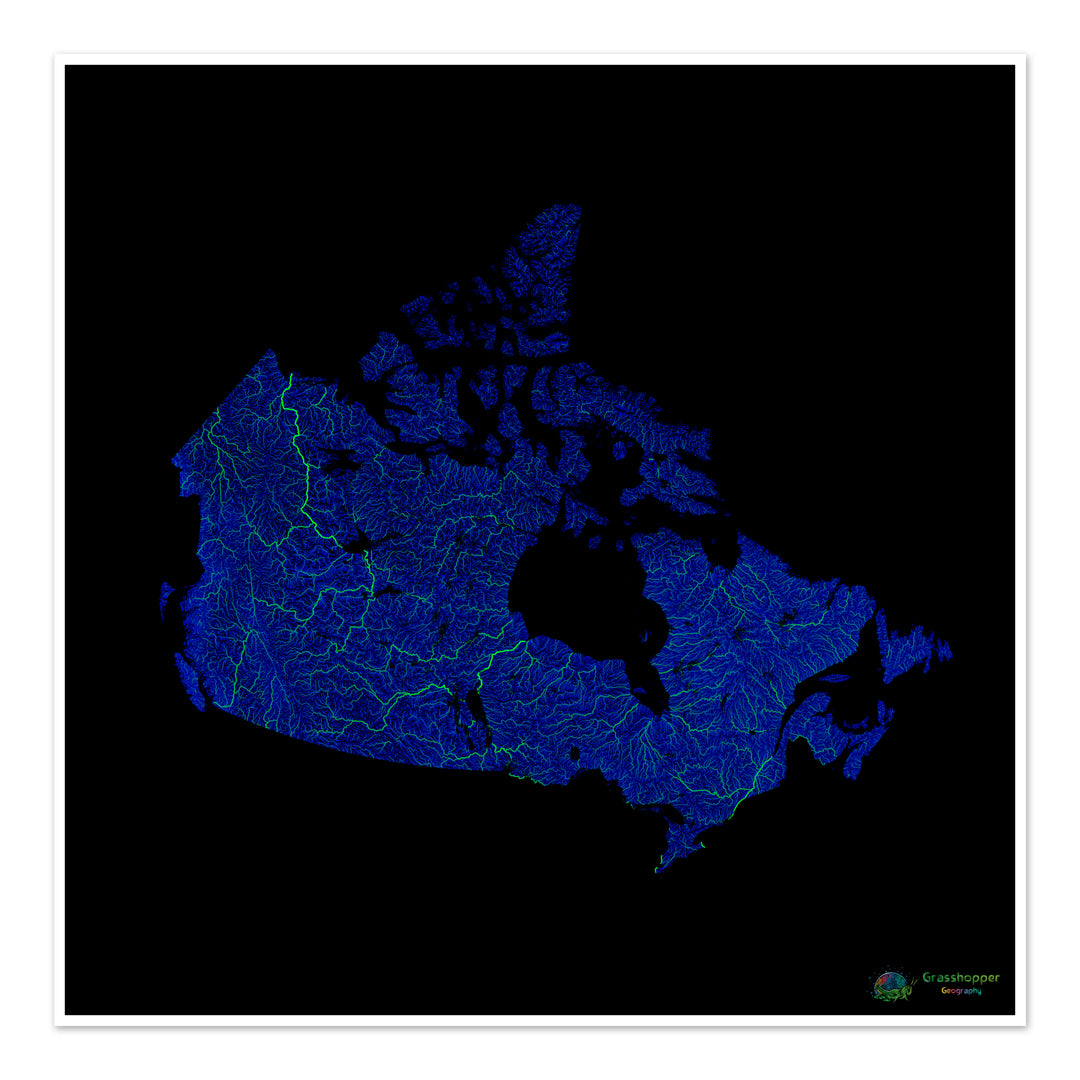Canada - Carte fluviale bleue et verte sur fond noir - Tirage d'art