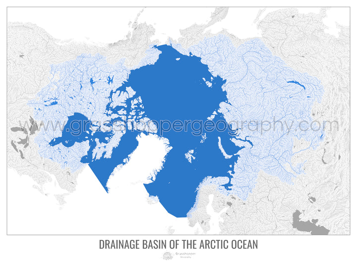 Océano Ártico - Mapa de cuencas de drenaje, blanco v2 - Impresión de bellas artes