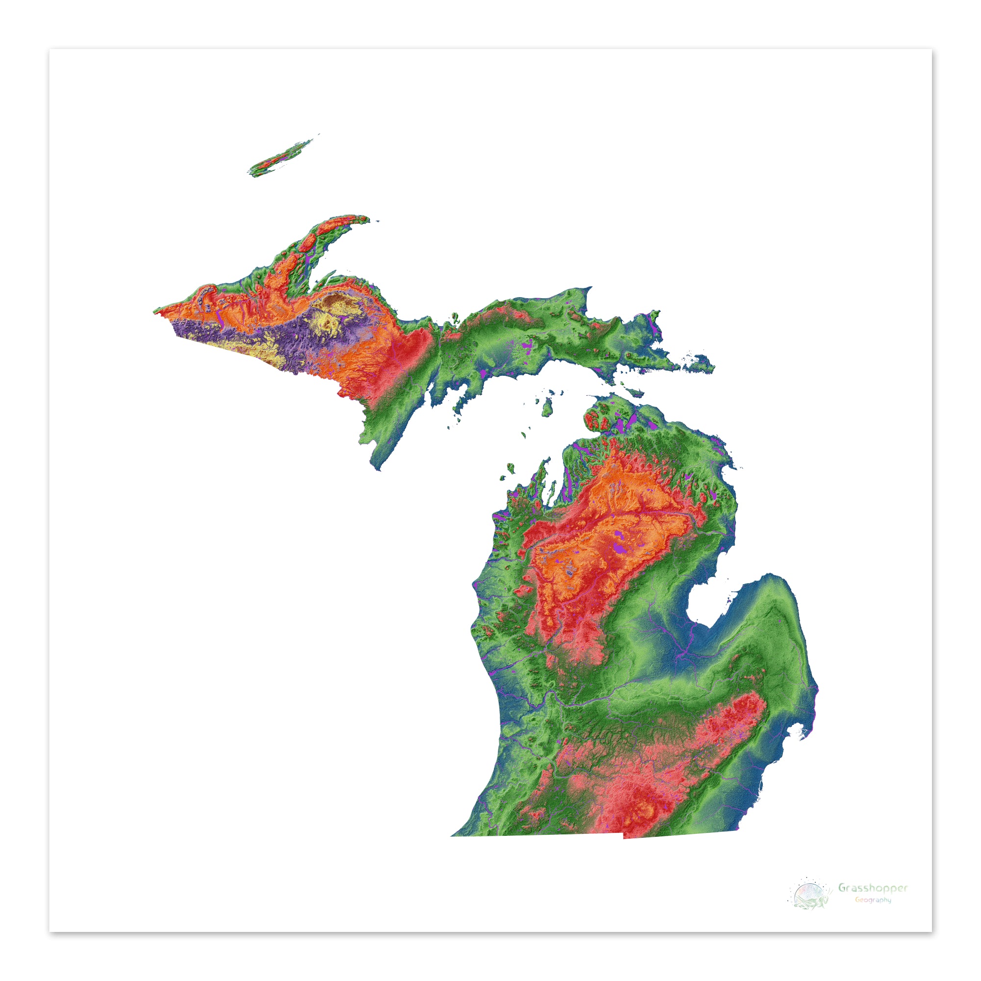 Michigan - Elevation map, white 48x48 - Fine Art Print – Grasshopper ...