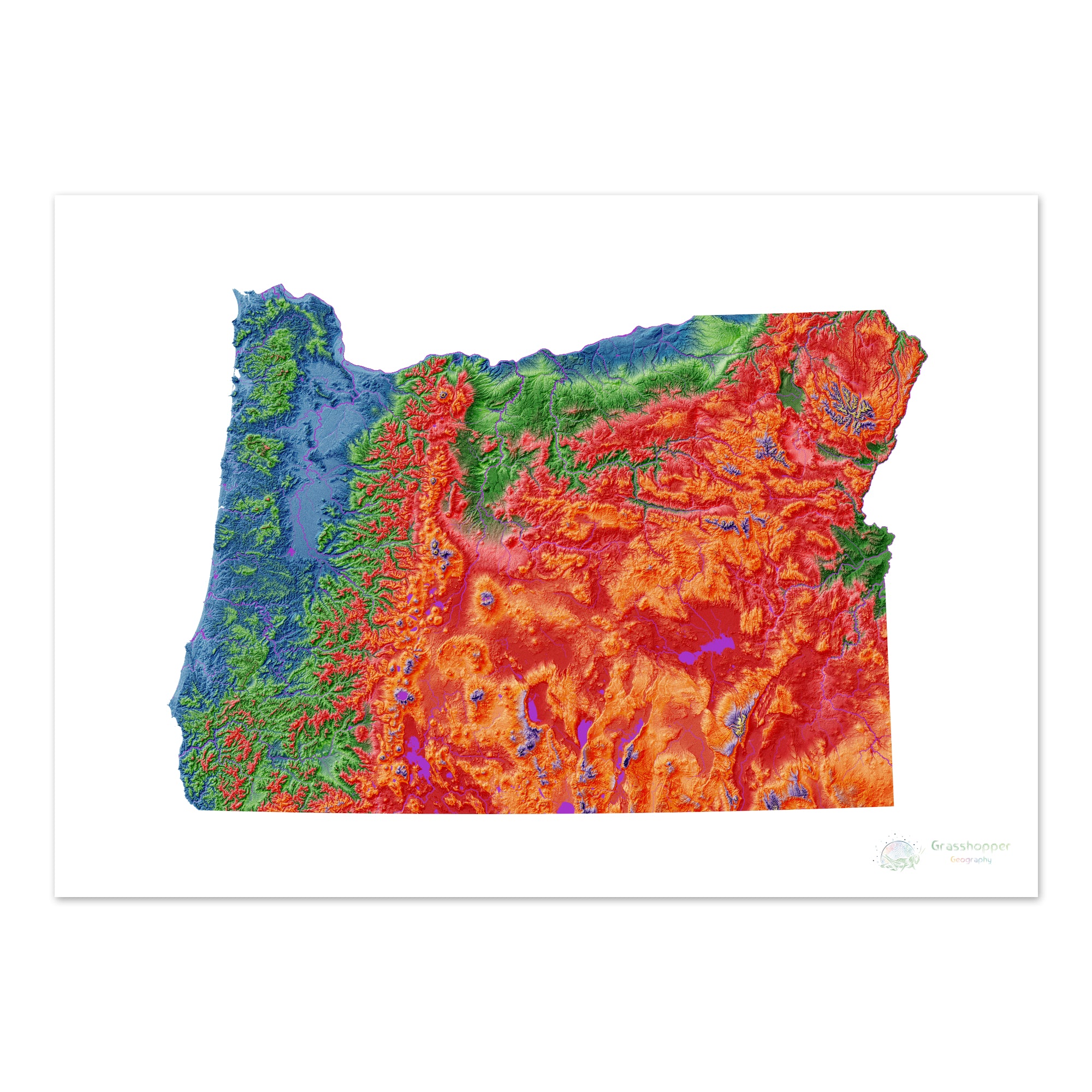 Oregon Elevation Map White Fine Art Print Grasshopper Geography