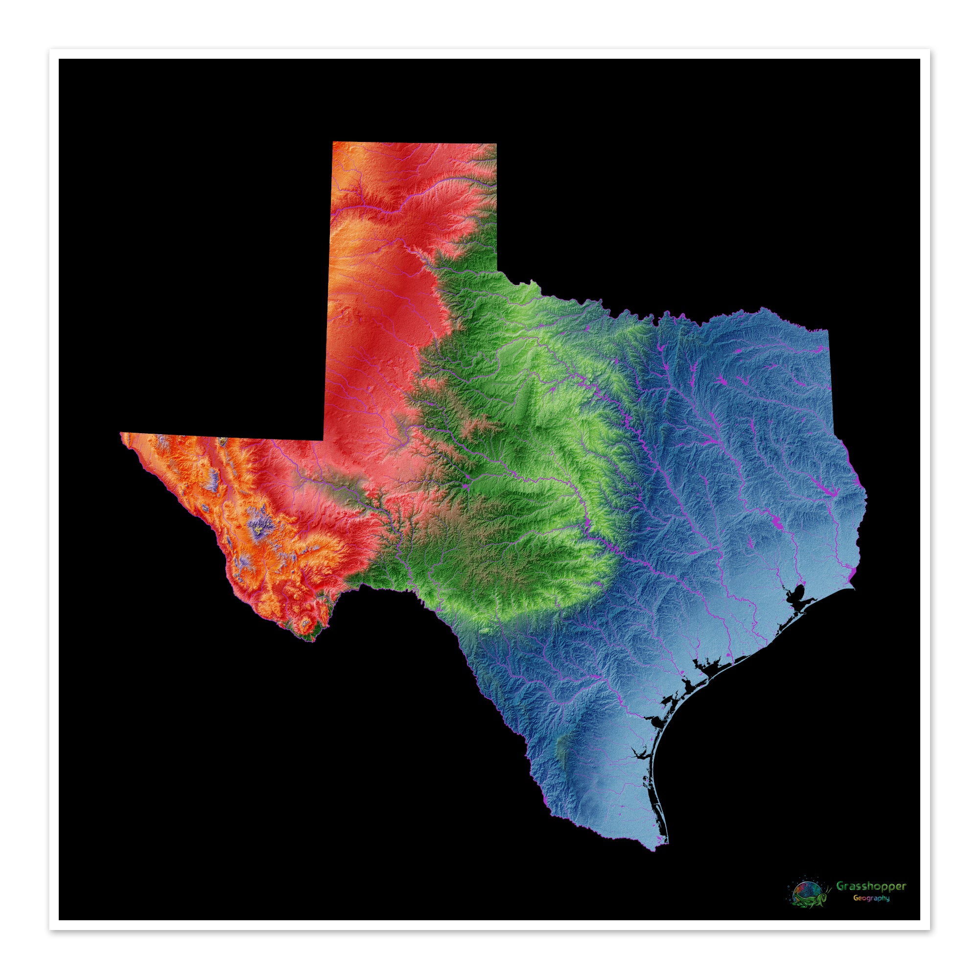 Elevation map of Texas with black background - Fine Art Print ...