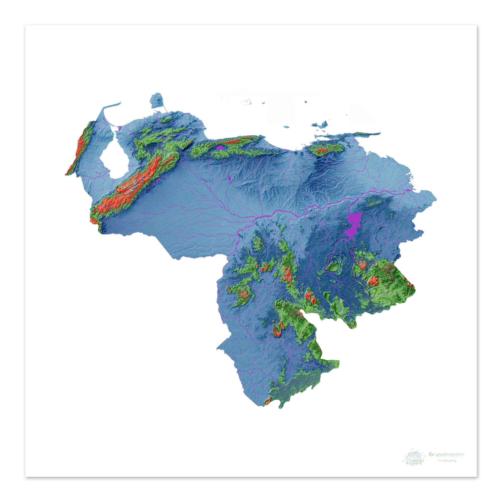 Venezuela - Elevation map, white - Fine Art Print – Grasshopper Geography