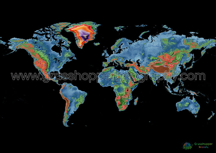 El mundo - Mapa de elevación, negro - Impresión de Bellas Artes