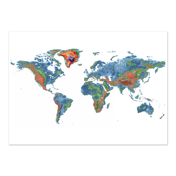 El mundo - Mapa de elevación, blanco - Impresión de Bellas Artes