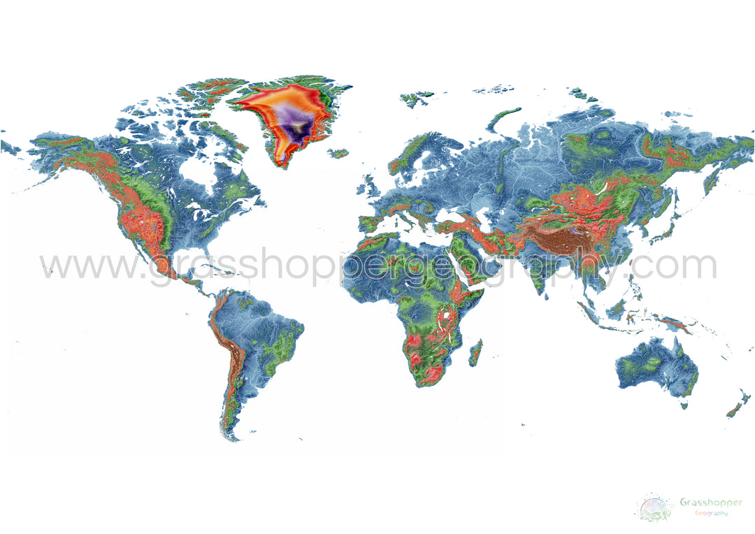 El mundo - Mapa de elevación, blanco - Impresión de Bellas Artes