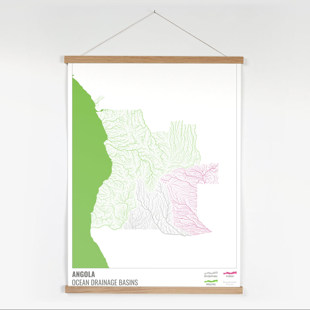 Angola - Mapa de la cuenca hidrográfica del océano, blanco con leyenda v2 - Impresión artística con colgador