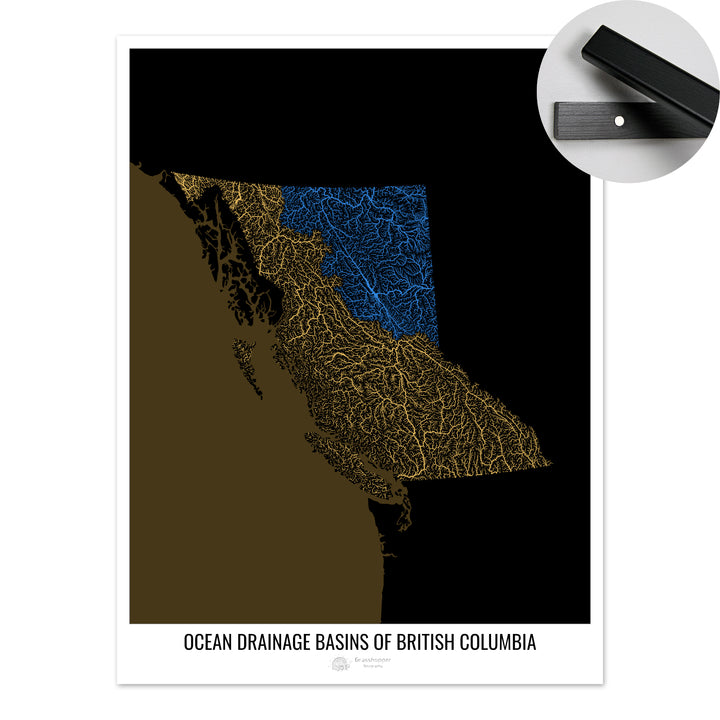 Columbia Británica - Mapa de la cuenca de drenaje oceánico, negro v2 - Impresión artística con percha