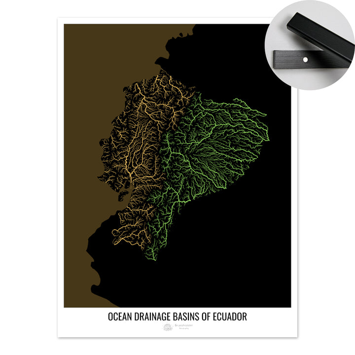 Ecuador - Mapa de la cuenca hidrográfica del océano, negro v2 - Impresión artística con colgador