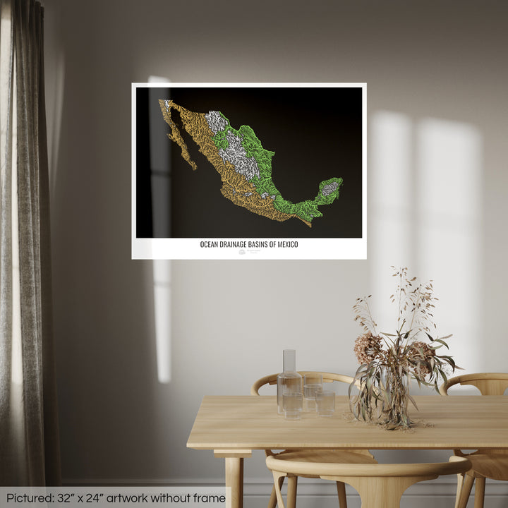 Mexique - Carte des bassins versants océaniques, noir v1 - Fine Art Print