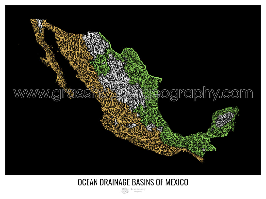 Mexique - Carte des bassins versants océaniques, noir v1 - Fine Art Print