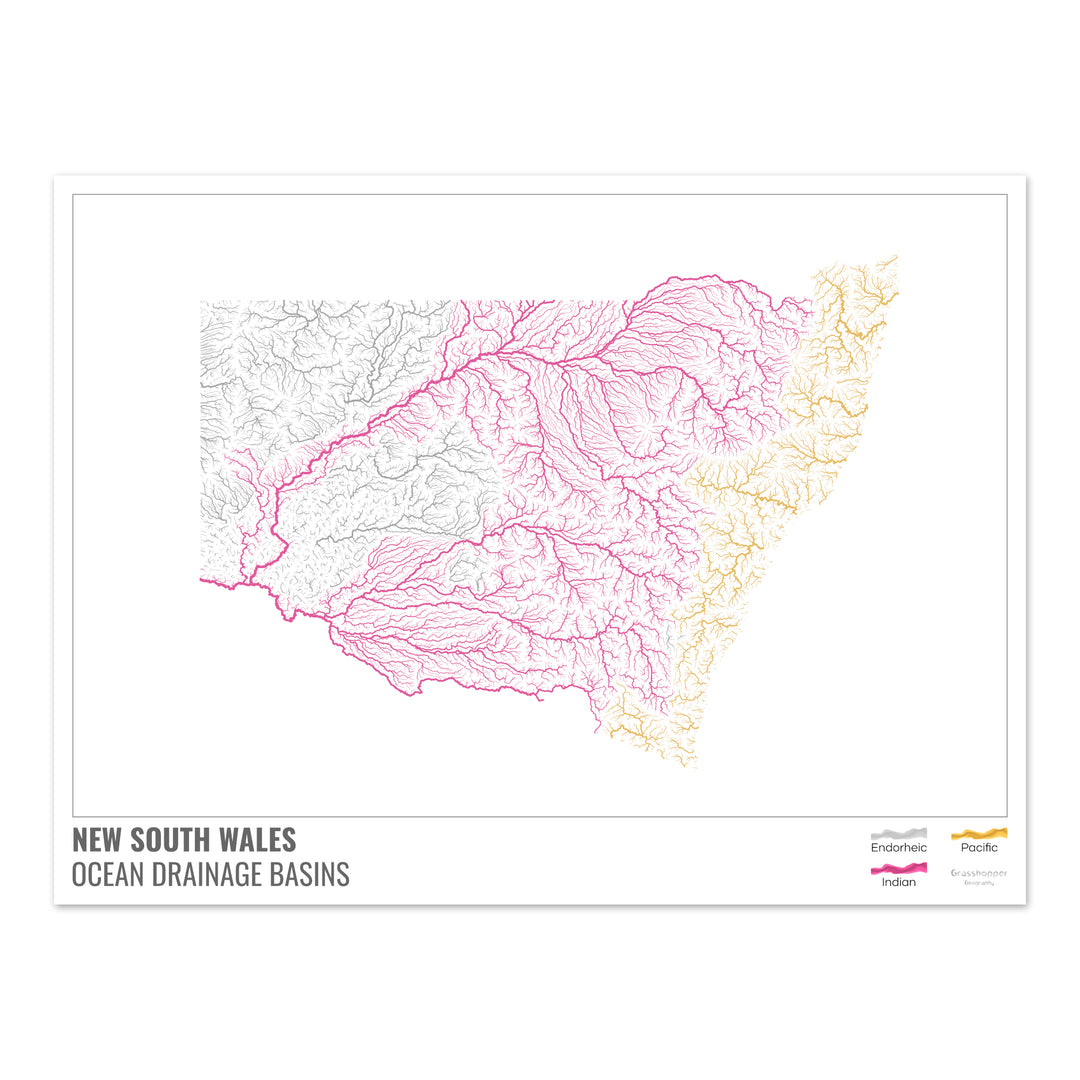 Nueva Gales del Sur - Mapa de la cuenca hidrográfica del océano, blanco con leyenda v1 - Impresión fotográfica