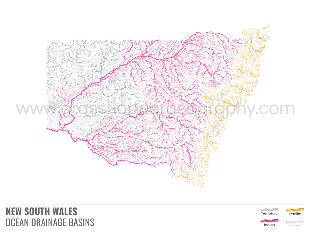 Nueva Gales del Sur - Mapa de la cuenca hidrográfica del océano, blanco con leyenda v1 - Impresión fotográfica