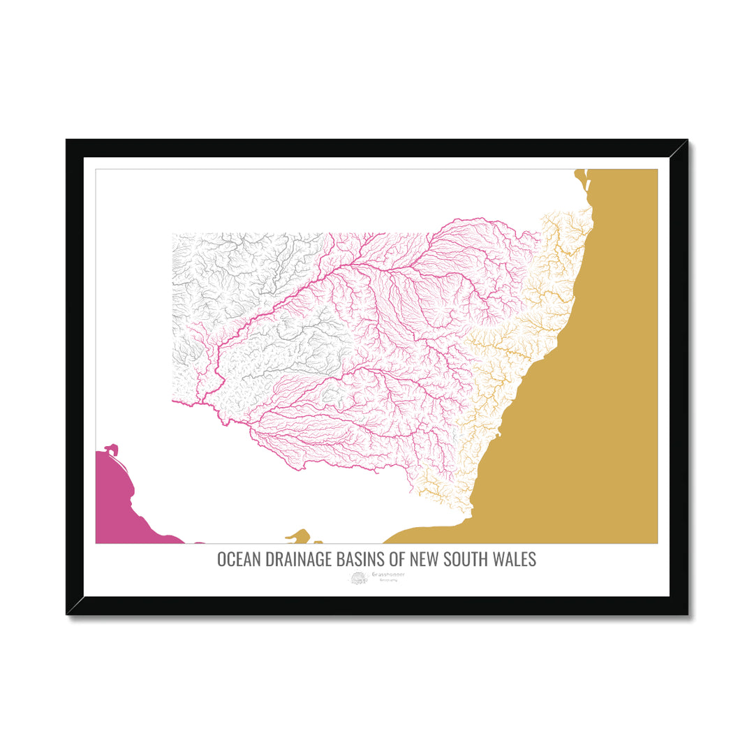 Nouvelle-Galles du Sud - Carte du bassin versant océanique, blanc v2 - Impression encadrée