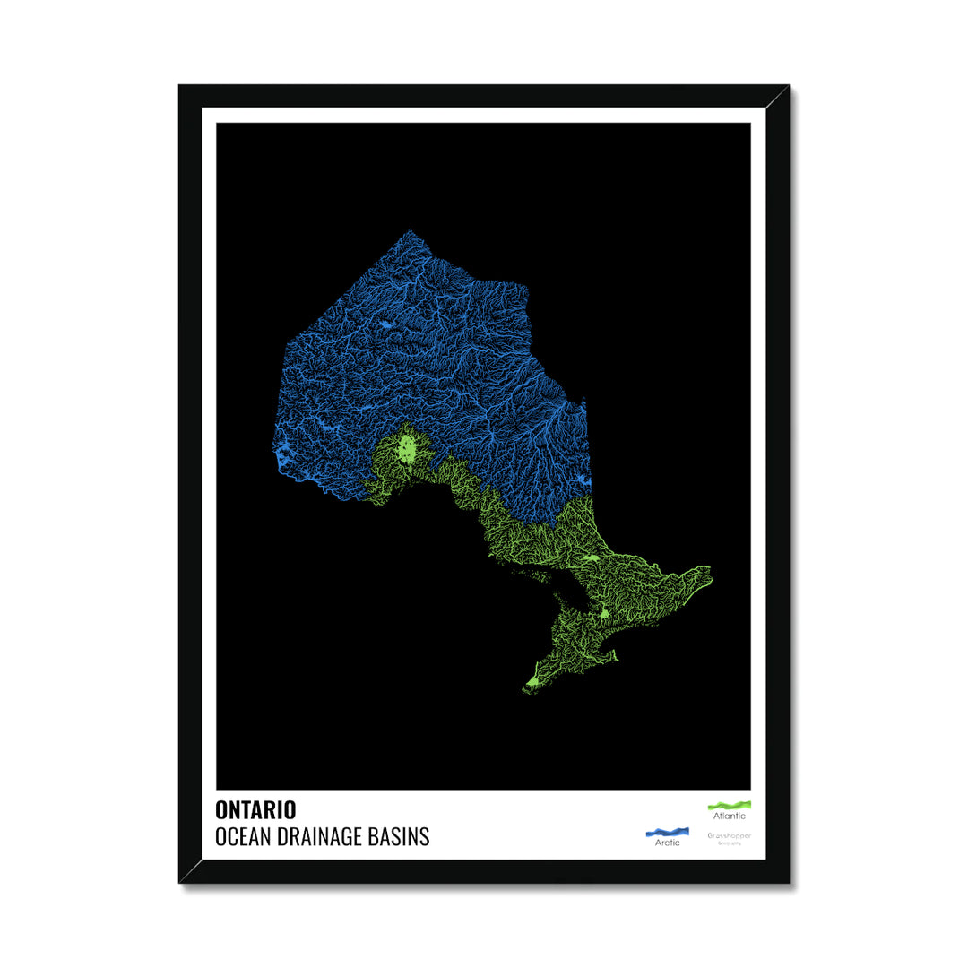 Ontario - Mapa de la cuenca de drenaje oceánico, negro con leyenda v1 - Lámina enmarcada