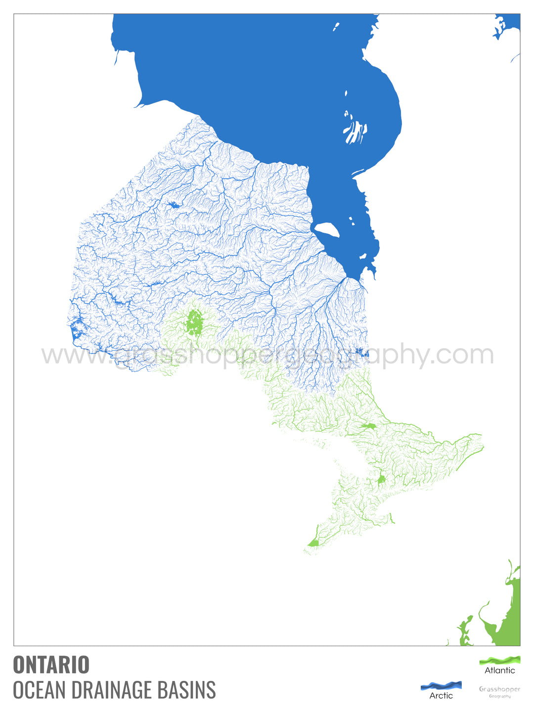 Ontario - Carte du bassin versant océanique, blanche avec légende v2 - Tirage d'art photo