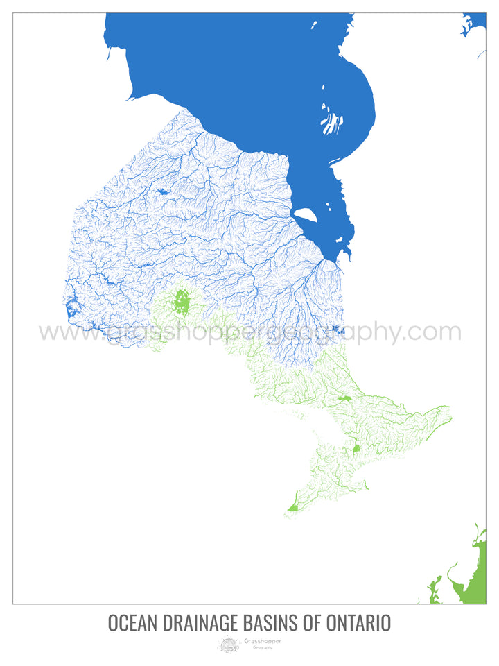 Ontario - Mapa de la cuenca de drenaje oceánico, blanco v2 - Impresión de bellas artes