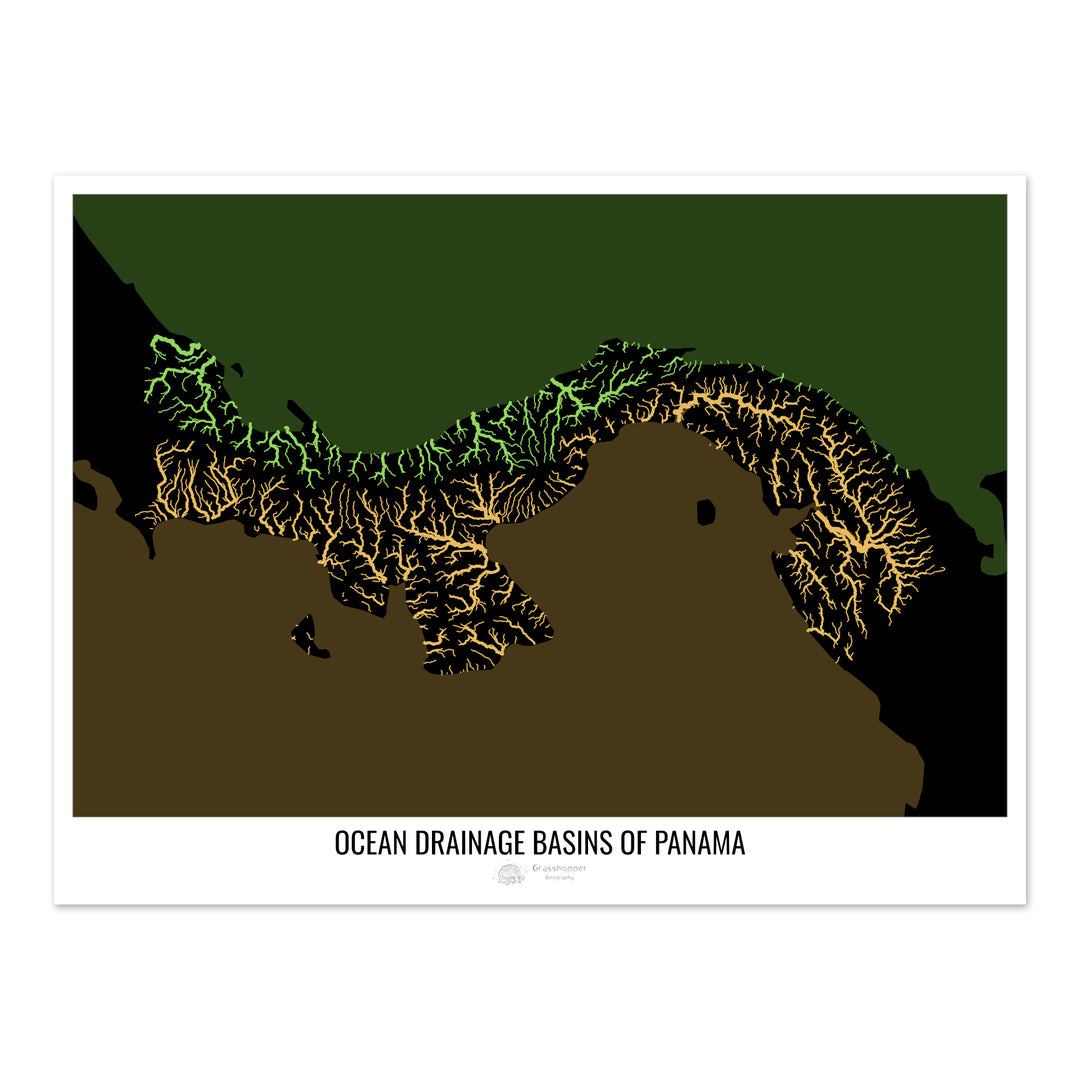 Panamá - Mapa de la cuenca hidrográfica del océano, negro v2 - Impresión de Bellas Artes