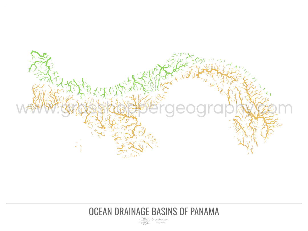 Panamá - Mapa de la cuenca hidrográfica del océano, blanco v1 - Impresión de Bellas Artes