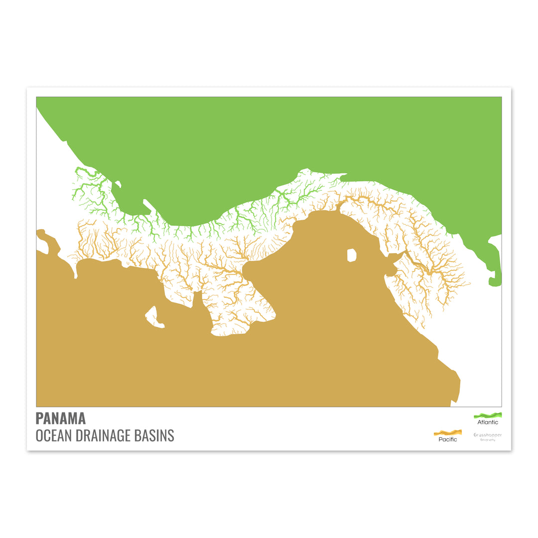 Panamá - Mapa de la cuenca hidrográfica del océano, blanco con leyenda v2 - Impresión de Bellas Artes
