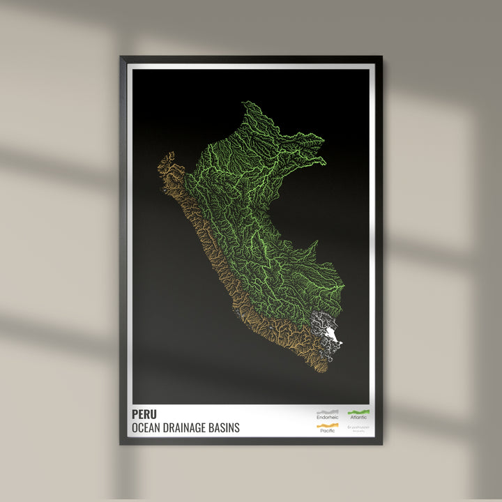 Pérou - Carte des bassins hydrographiques océaniques, noire avec légende v1 - Photo Art Print