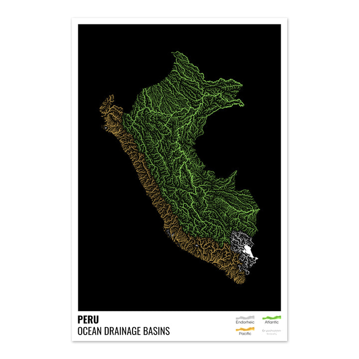 Pérou - Carte des bassins hydrographiques océaniques, noire avec légende v1 - Photo Art Print