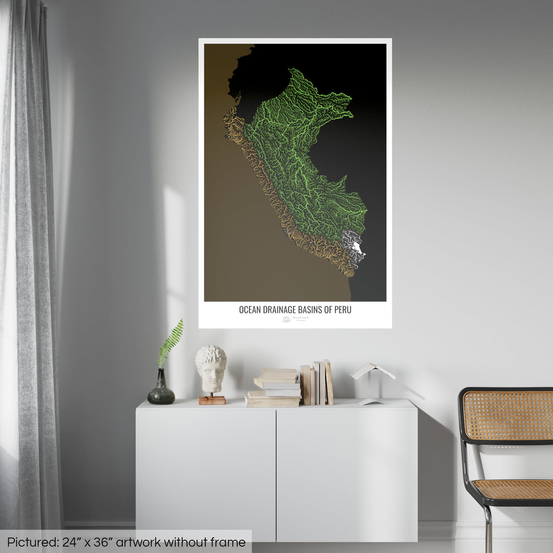 Pérou - Carte des bassins hydrographiques océaniques, noir v2 - Fine Art Print