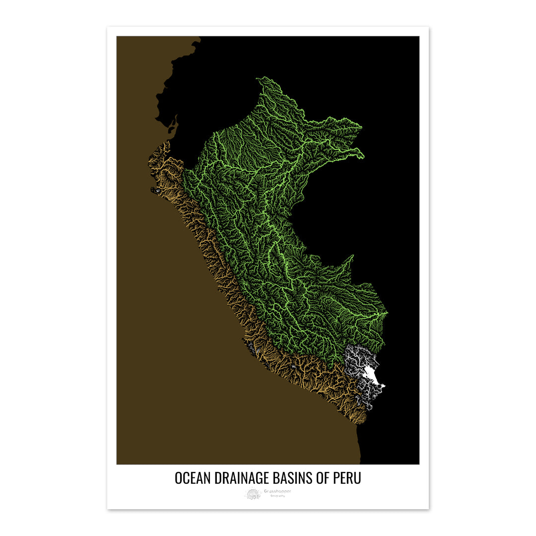 Pérou - Carte des bassins hydrographiques océaniques, noir v2 - Fine Art Print