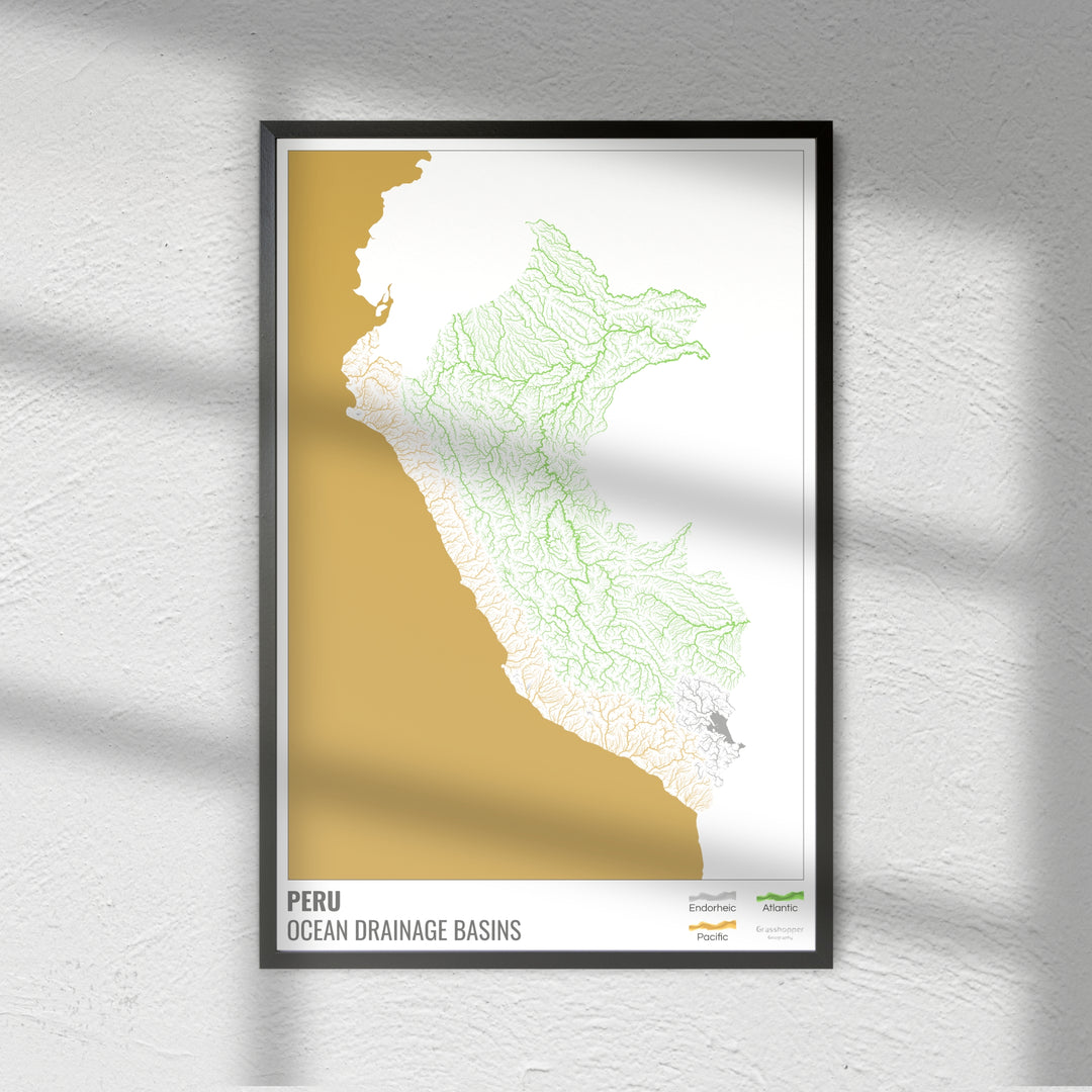 Pérou - Carte des bassins versants océaniques, blanche avec légende v2 - Fine Art Print