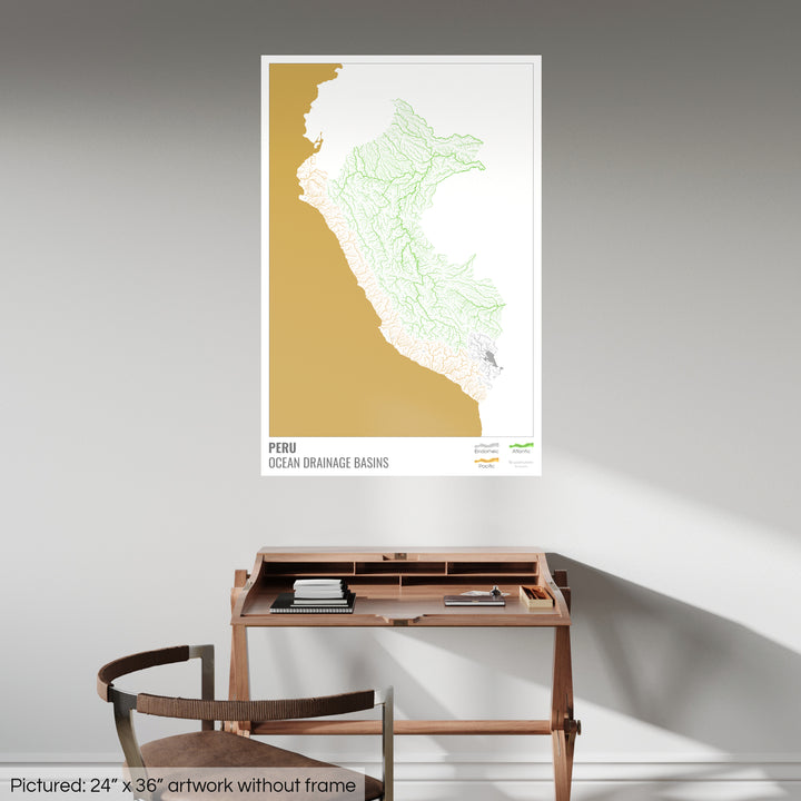 Pérou - Carte des bassins versants océaniques, blanche avec légende v2 - Fine Art Print