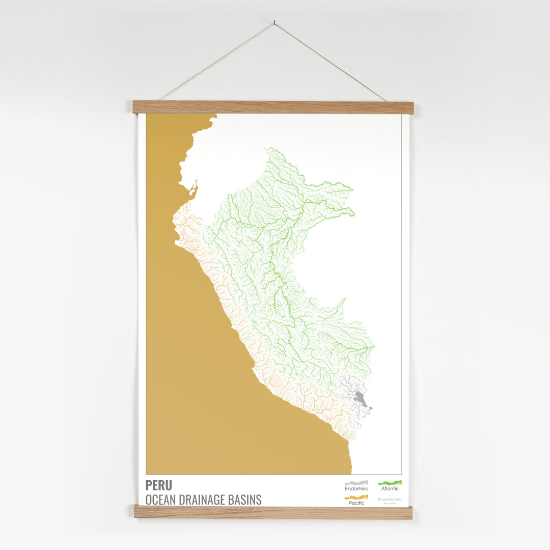 Pérou - Carte des bassins versants océaniques, blanche avec légende v2 - Tirage d'art avec cintre