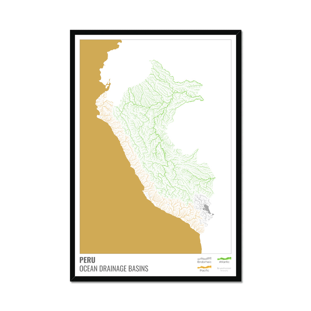 Perú - Mapa de la cuenca hidrográfica del océano, blanco con leyenda v2 - Lámina enmarcada