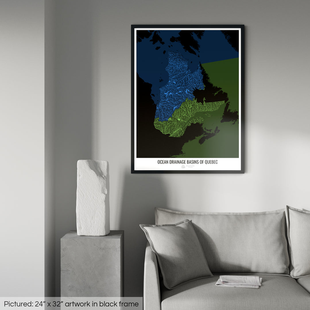 Québec - Carte des bassins versants océaniques, noir v2 - Impression encadrée