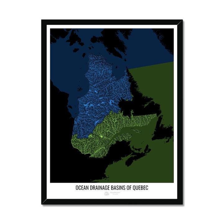 Québec - Carte des bassins versants océaniques, noir v2 - Impression encadrée