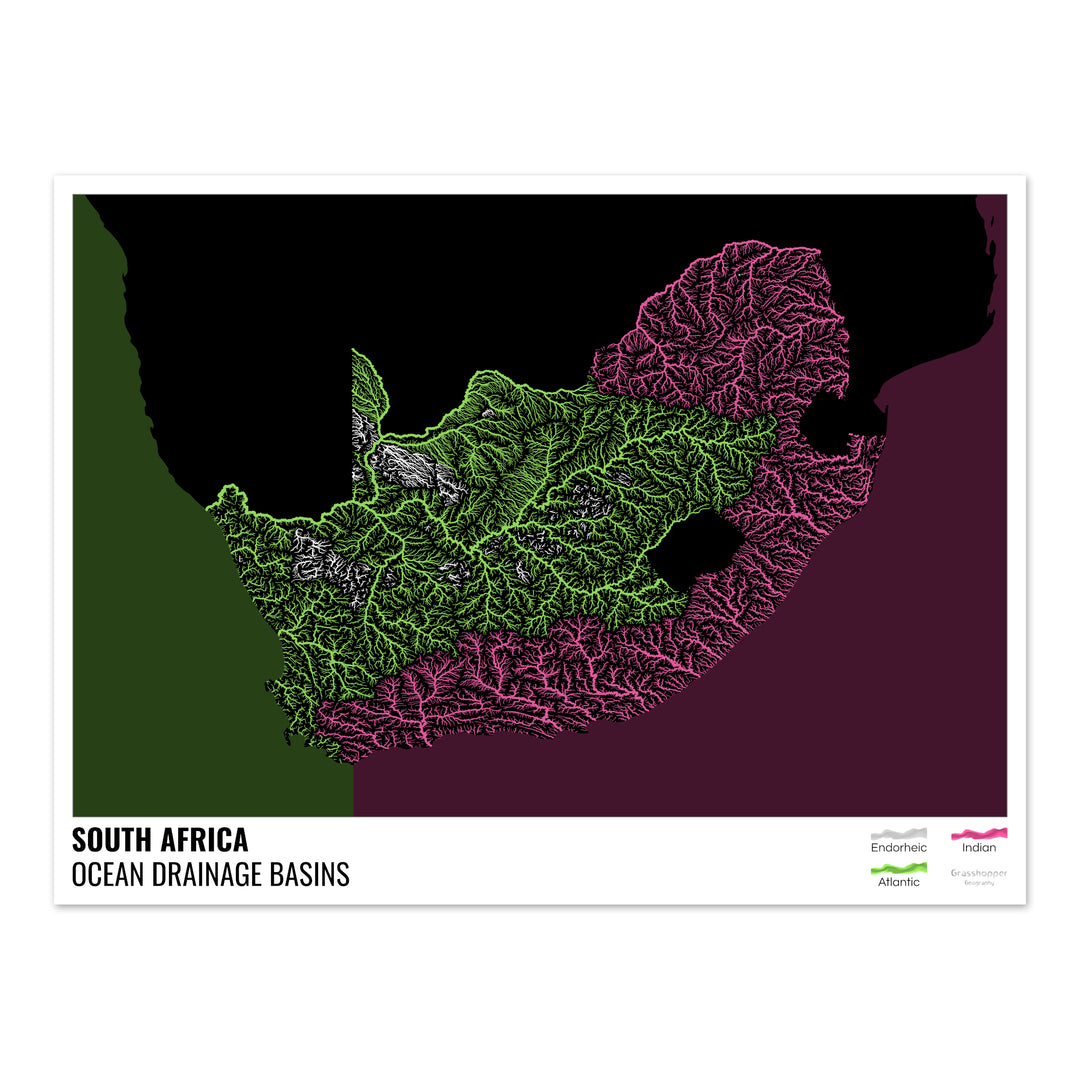 Afrique du Sud - Carte des bassins hydrographiques océaniques, noire avec légende v2 - Fine Art Print