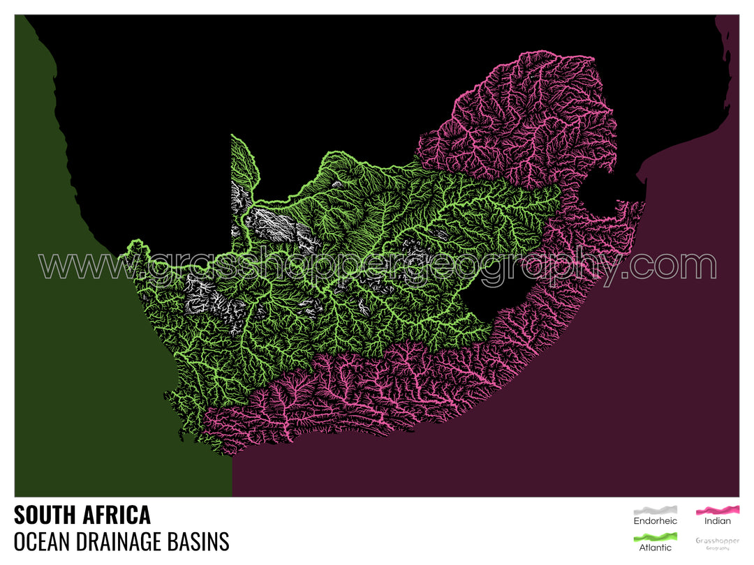 Afrique du Sud - Carte des bassins hydrographiques océaniques, noire avec légende v2 - Fine Art Print