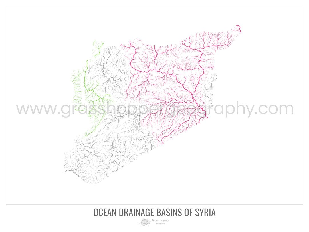 Siria - Mapa de la cuenca hidrográfica del océano, blanco v1 - Impresión fotográfica