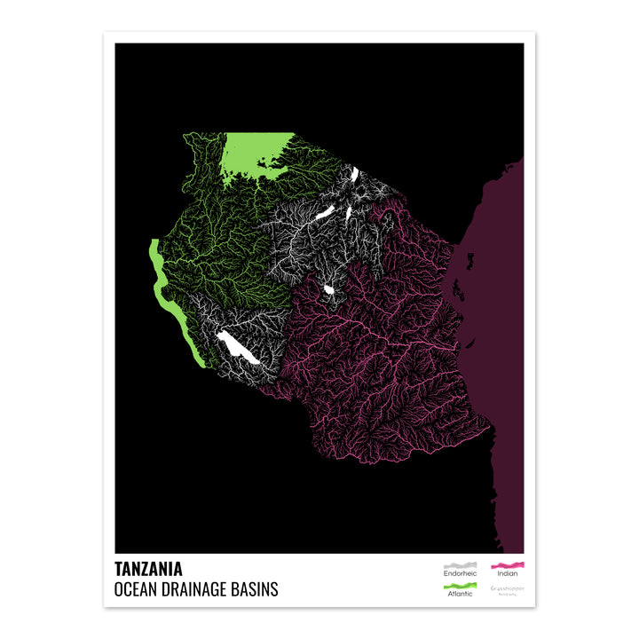 Tanzanie - Carte du bassin versant océanique, noire avec légende v2 - Tirage photo artistique