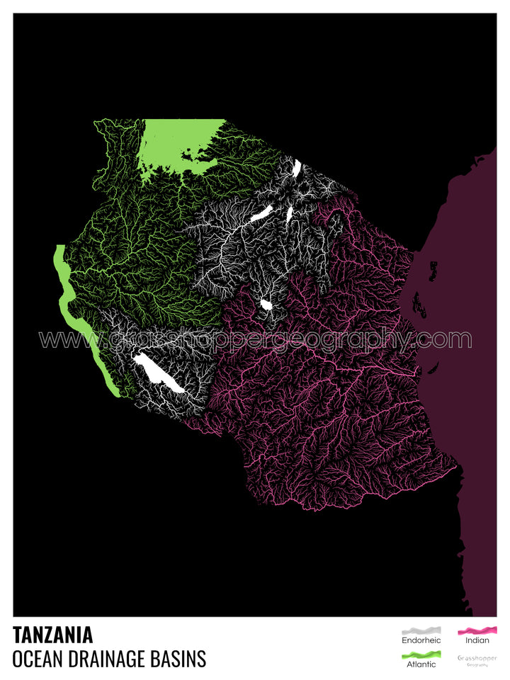 Tanzanie - Carte du bassin versant océanique, noire avec légende v2 - Tirage photo artistique