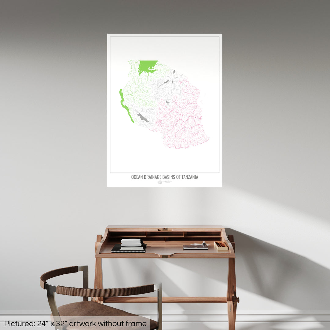Tanzanie - Carte des bassins hydrographiques océaniques, blanc v1 - Fine Art Print