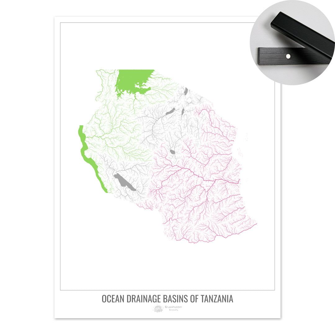 Tanzania - Ocean drainage basin map, white v1 - Fine Art Print with Hanger