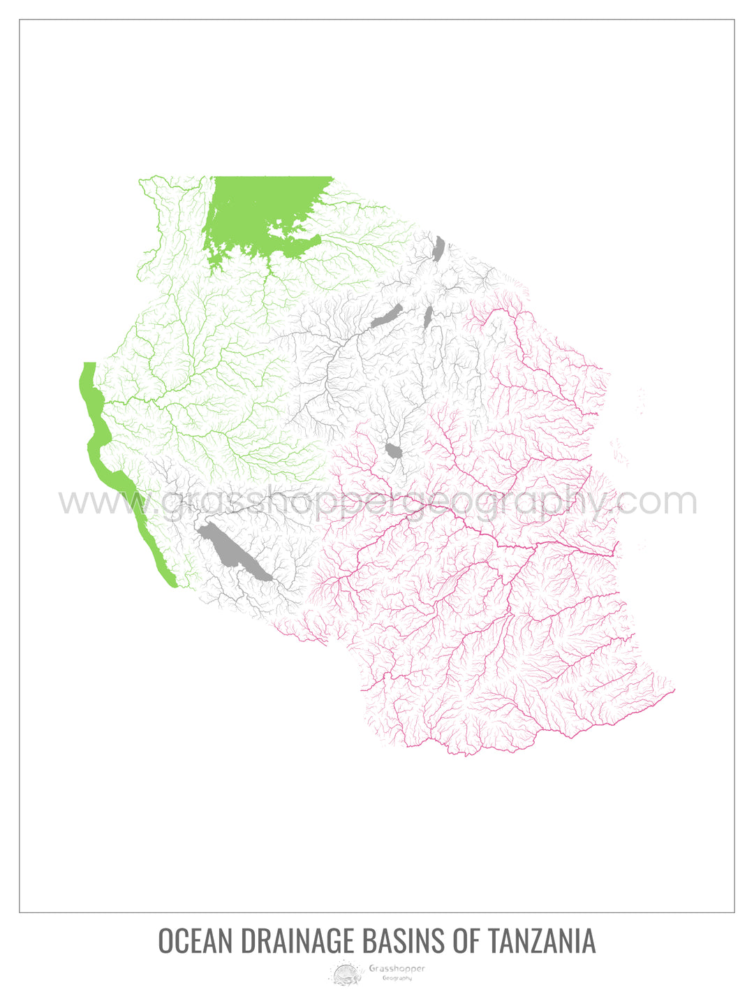 Tanzania - Mapa de la cuenca hidrográfica del océano, blanco v1 - Impresión de bellas artes